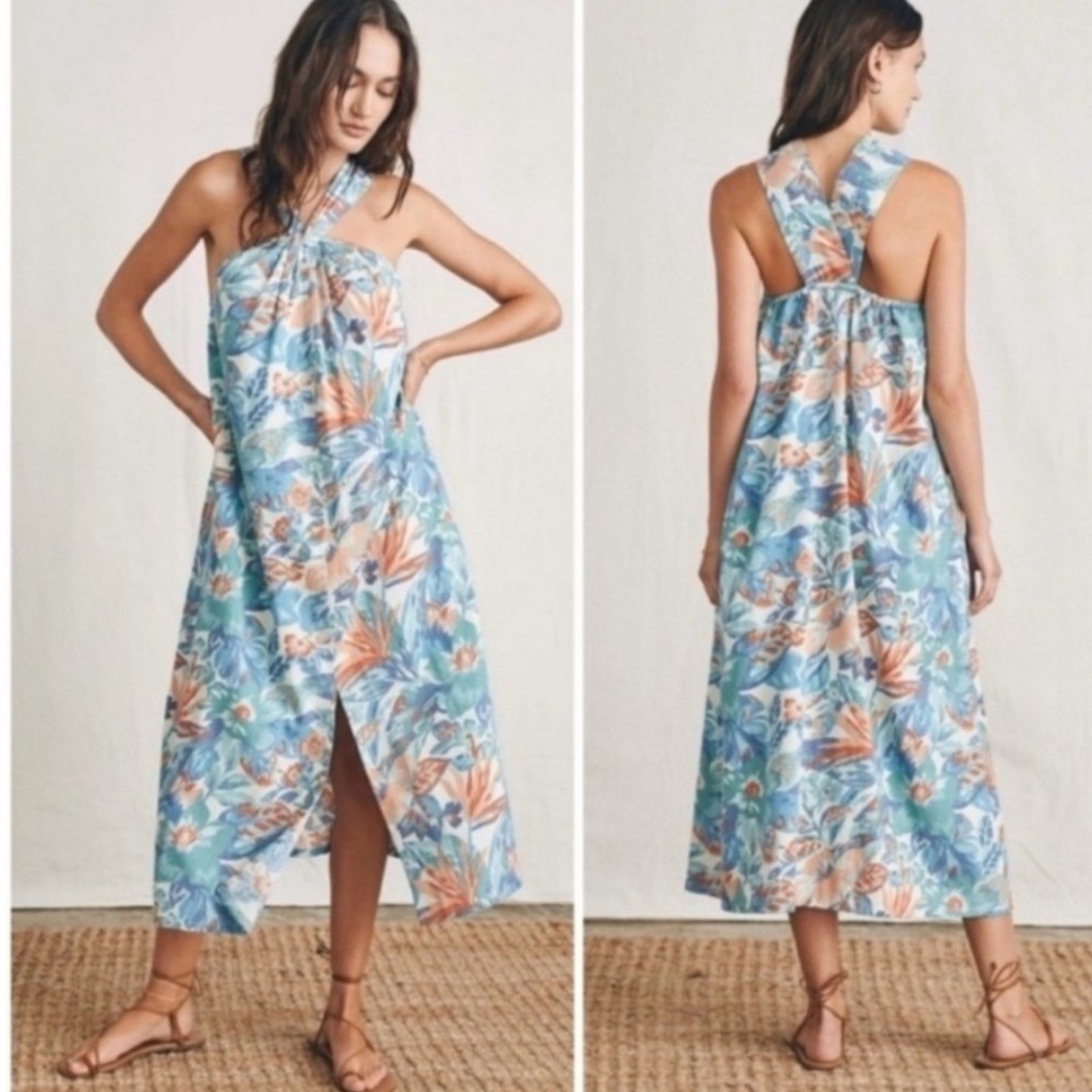 Faherty Bay Twist Tropical Halter Maxi Dress Paradise Blossom Sz L Beach